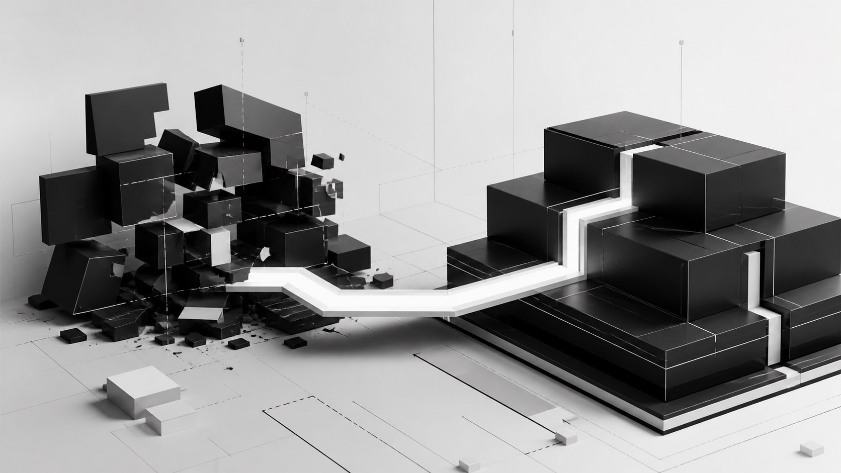 Fragmented software modules being reassembled into a stable product architecture
